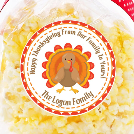 Happy Thanksgiving turkey sticker with colorful feathers and circular border