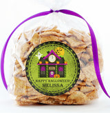 Haunted building Halloween party sticker in green tones