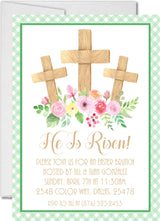 He Is Risen Easter invitation with wooden crosses and florals