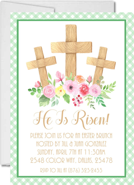 He Is Risen Easter invitation with wooden crosses and florals