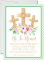 He Is Risen Easter invitation with wooden crosses and florals