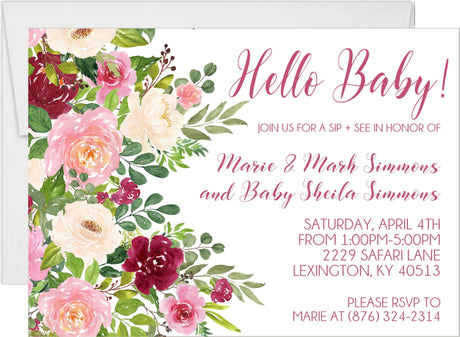 Hello Baby pink floral sip and see invitation with flowers at the side