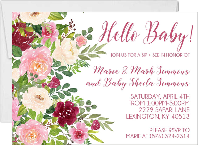 Hello Baby pink floral sip and see invitation with flowers at the side