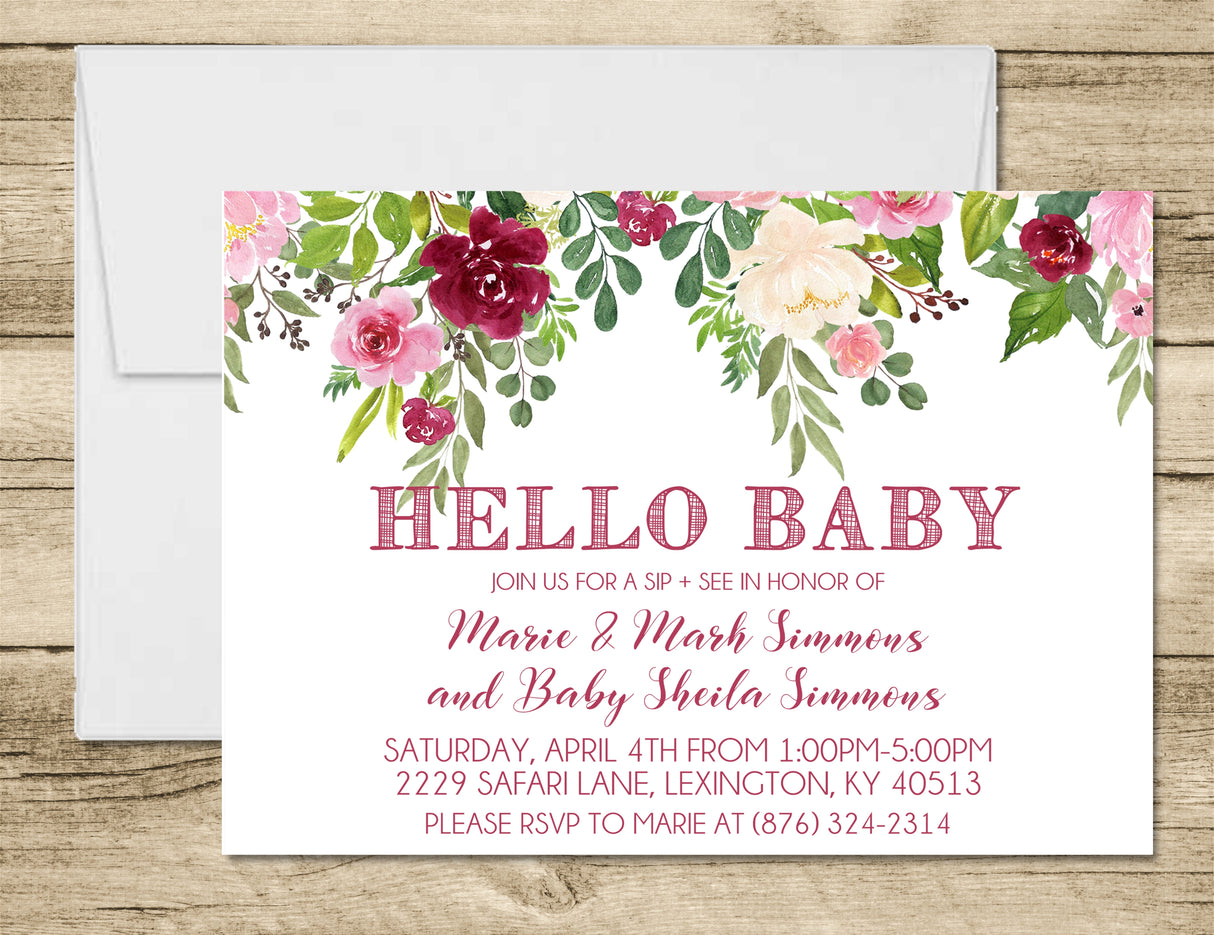 Hello pink and burgundy floral sip and see invitation with flowers at the top