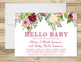 Hello pink and burgundy floral sip and see invitation with flowers at the top