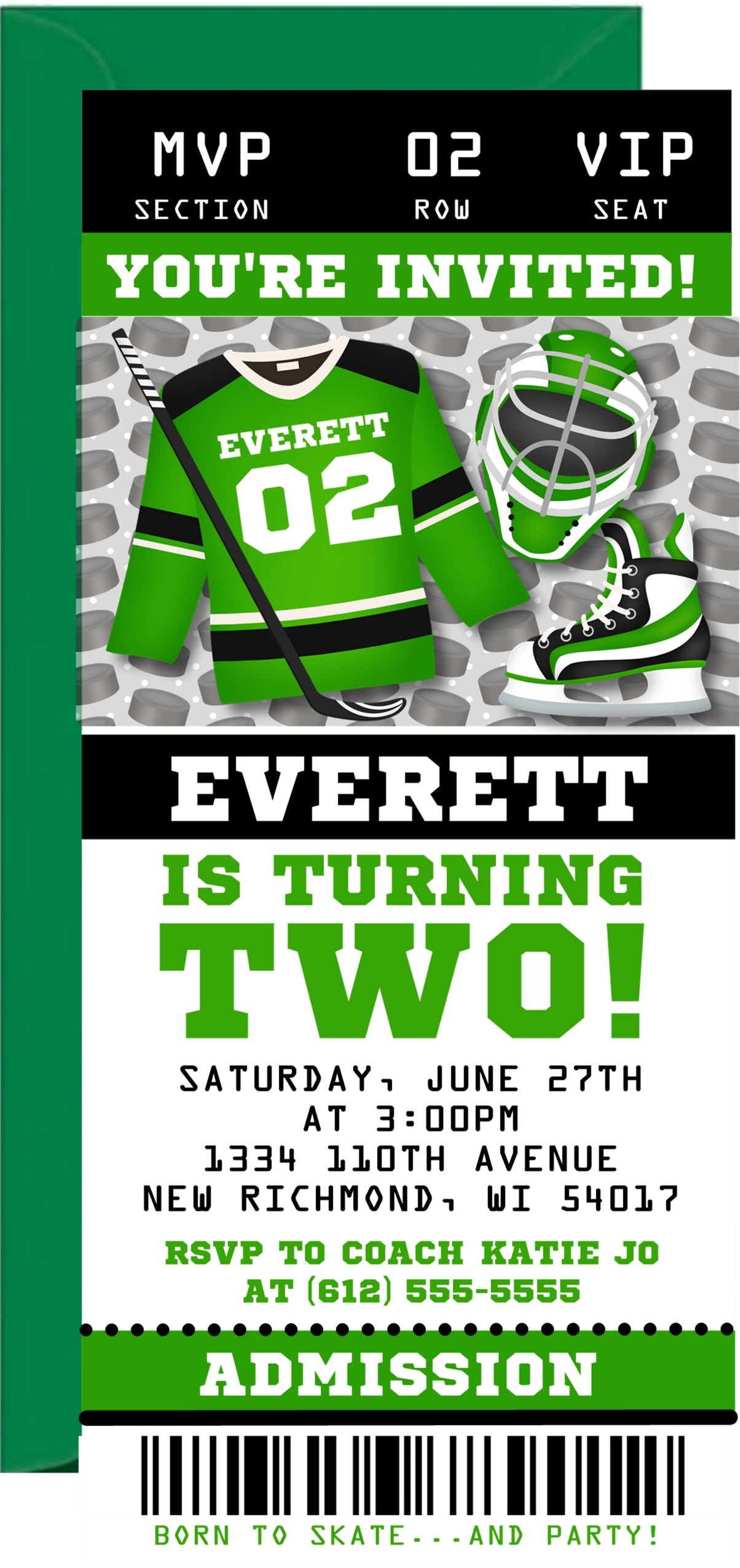 Hockey ticket invitation featuring a hockey jersey, goalie mask, and ice skate artwork