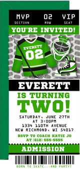 Hockey ticket invitation featuring a hockey jersey, goalie mask, and ice skate artwork