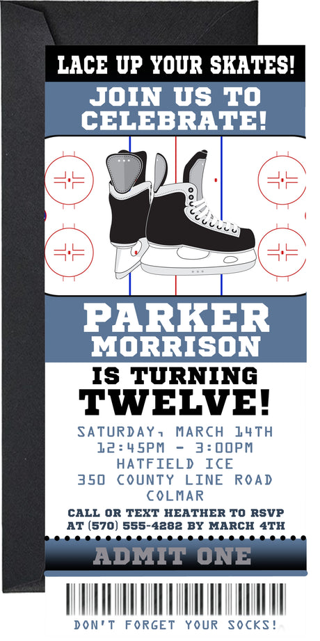 Hockey ticket invitation featuring ice hockey skates and hockey rink markings