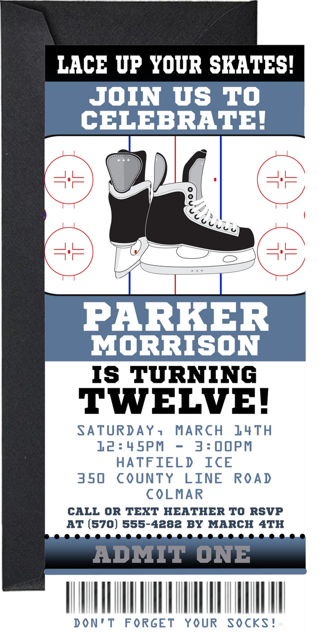 Hockey ticket invitation featuring ice hockey skates and hockey rink markings