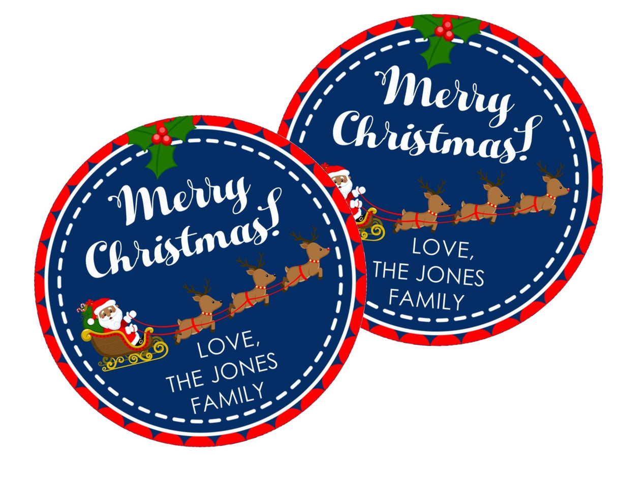 Holiday stickers featuring Santa and flying reindeer