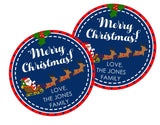 Holiday stickers featuring Santa and flying reindeer