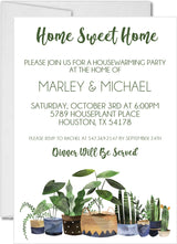 Home Sweet Home housewarming invitation with illustrated potted plants