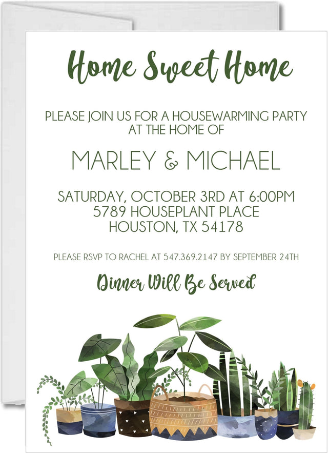 Home Sweet Home housewarming invitation with illustrated potted plants