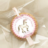 Horse-themed birthday favor sticker in pink tones