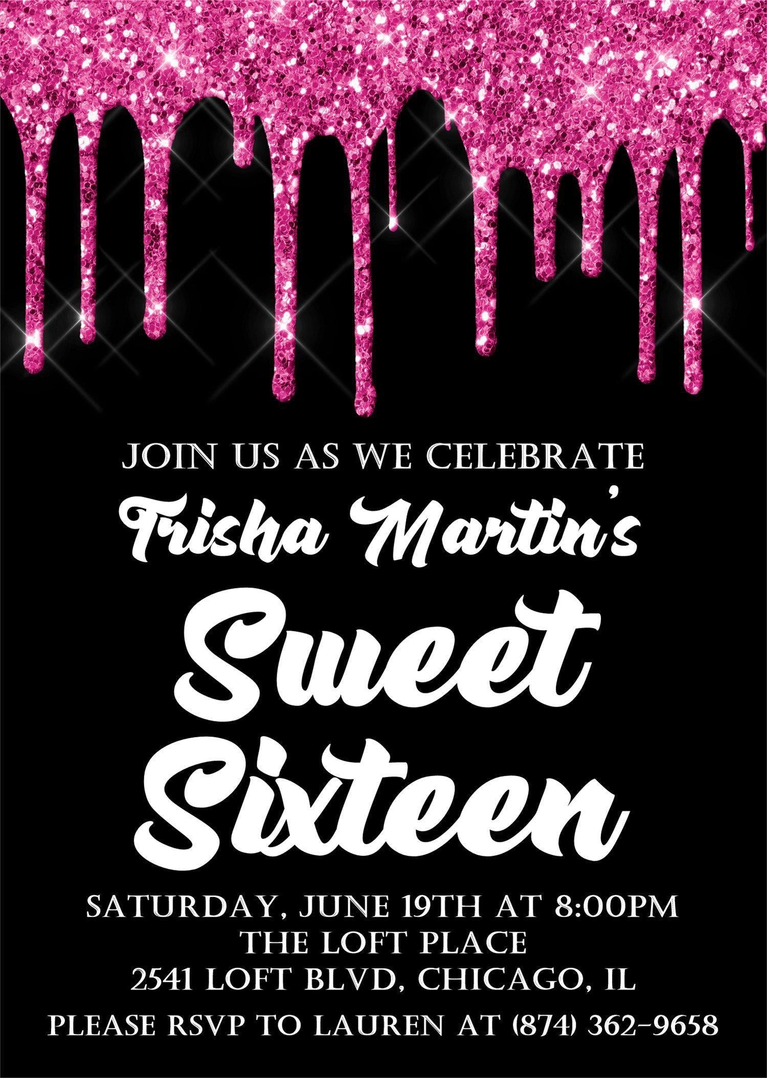 Hot Pink And Black Sweet 16 Party Invitations