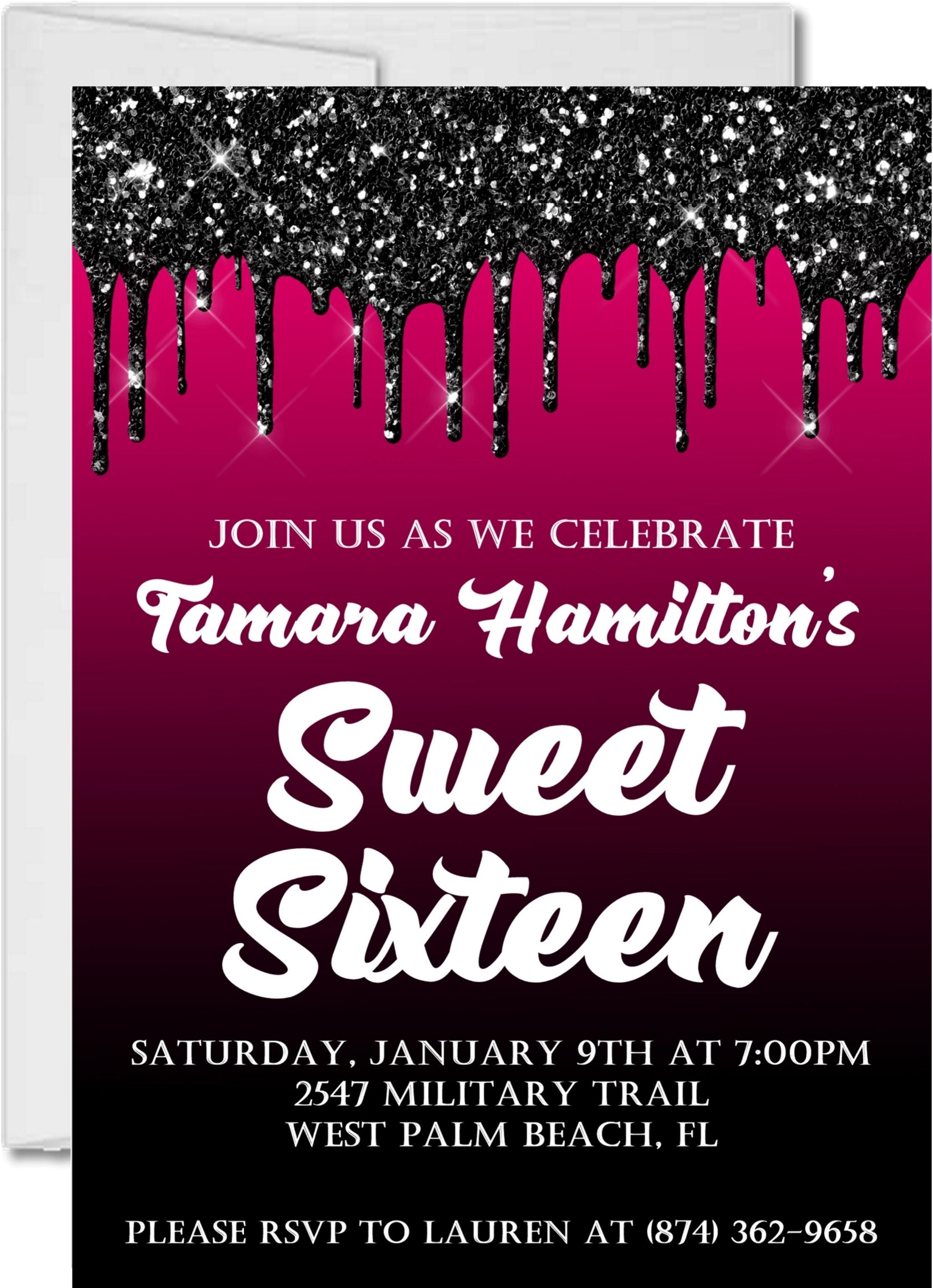 Hot Pink And Black Sweet 16 Party Invitations