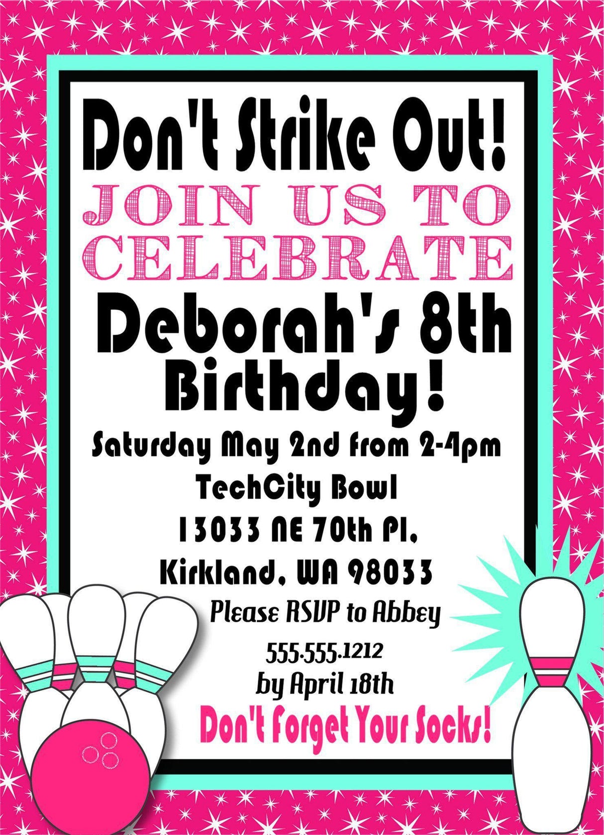Hot Pink Bowling Birthday Party Invitations