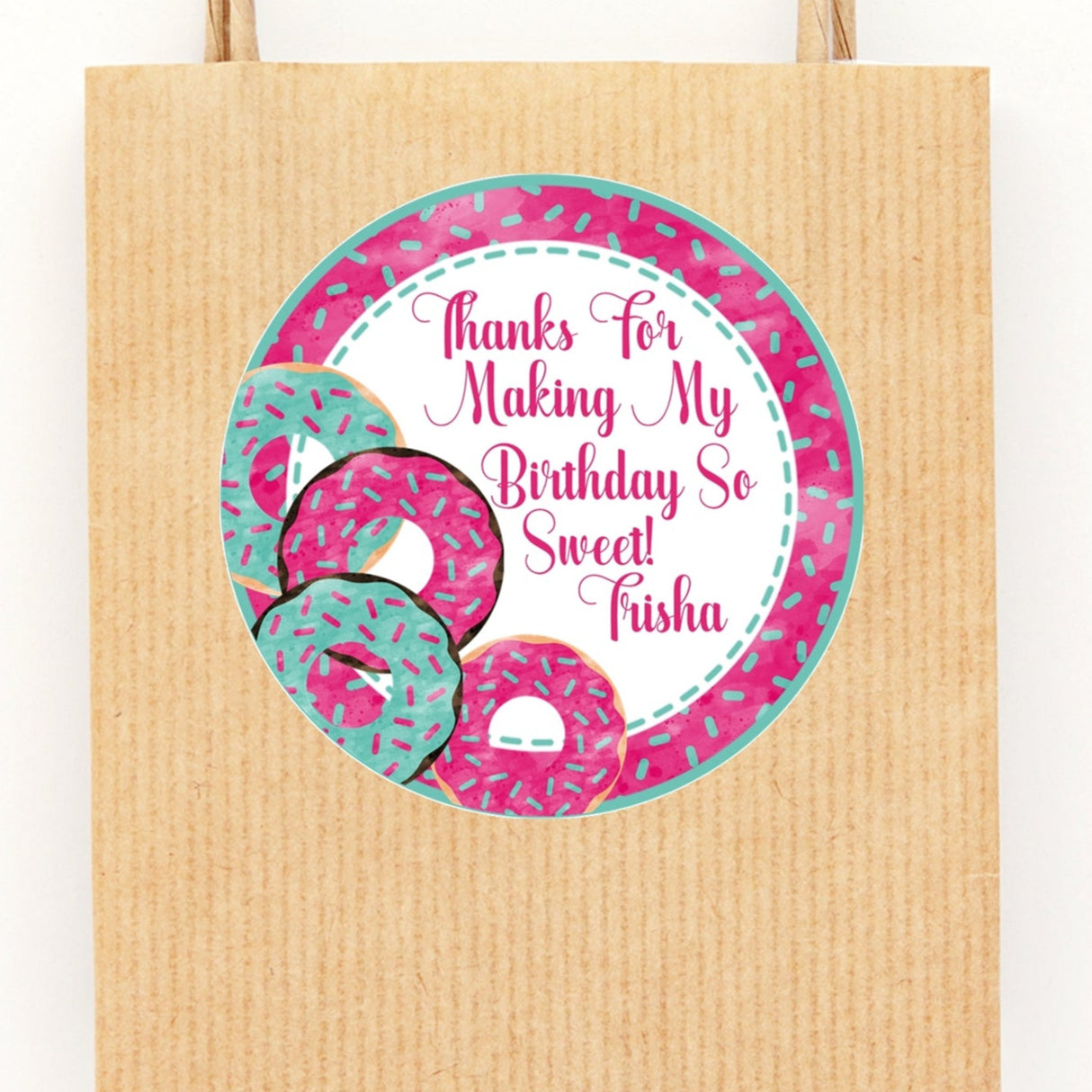 Hot pink and aqua donut birthday sticker with personalized name