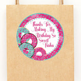 Hot pink and aqua donut birthday sticker with personalized name