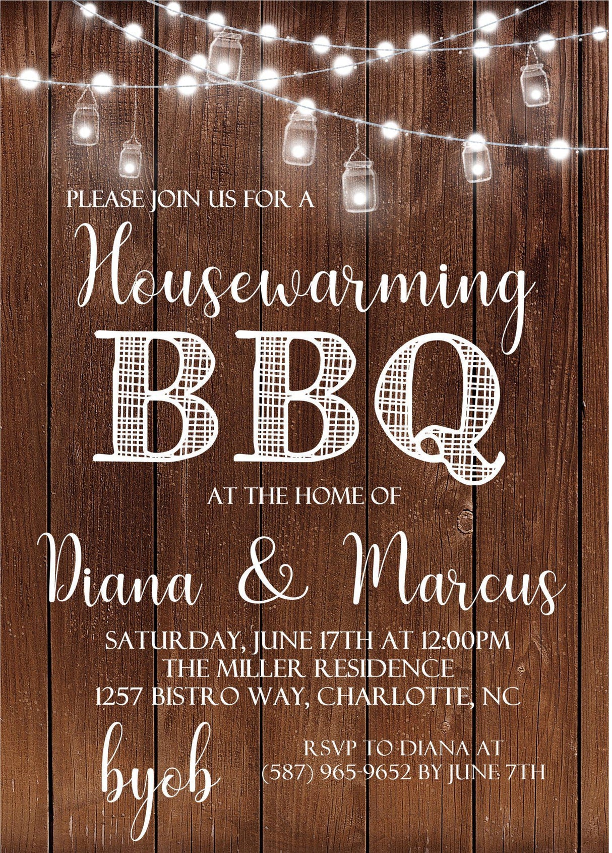 Housewarming barbecue invitation featuring hanging lights rustic design