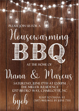 Housewarming barbecue invitation featuring hanging lights rustic design