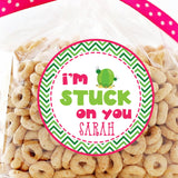 I’m Stuck on You cactus birthday sticker with pink and green chevron