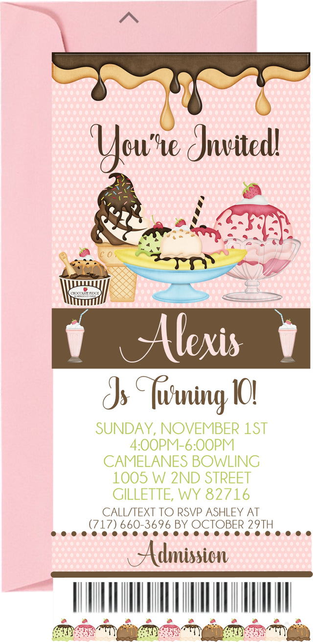 Ice cream birthday ticket invitation with sprinkles themed graphics and admission pass design