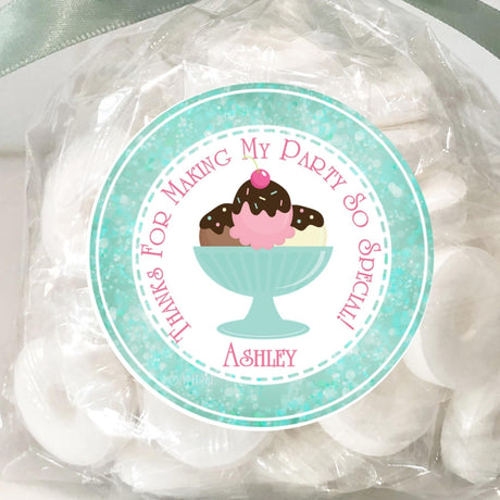 Ice cream sundae birthday sticker with mint glitter border