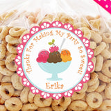 Ice cream sundae birthday sticker with scalloped pink border