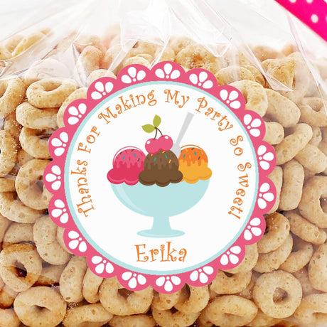 Ice cream sundae birthday sticker with scalloped pink border