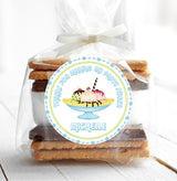Ice cream themed birthday sticker with pastel yellow and blue border