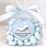Ice skates party favor sticker in aqua winter theme