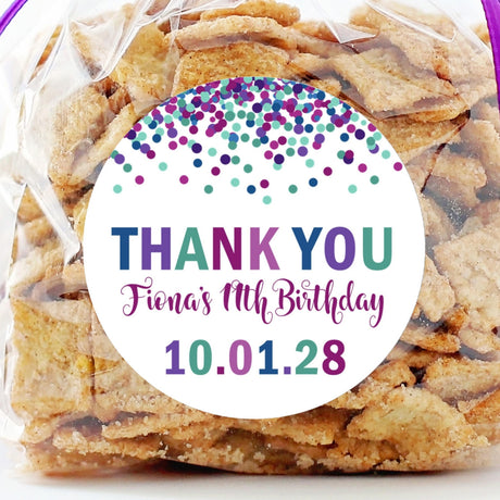 Jewel tone confetti birthday sticker with thank you message