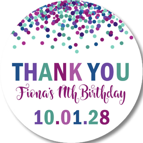 Jewel tone confetti party favor sticker with personalized name and date