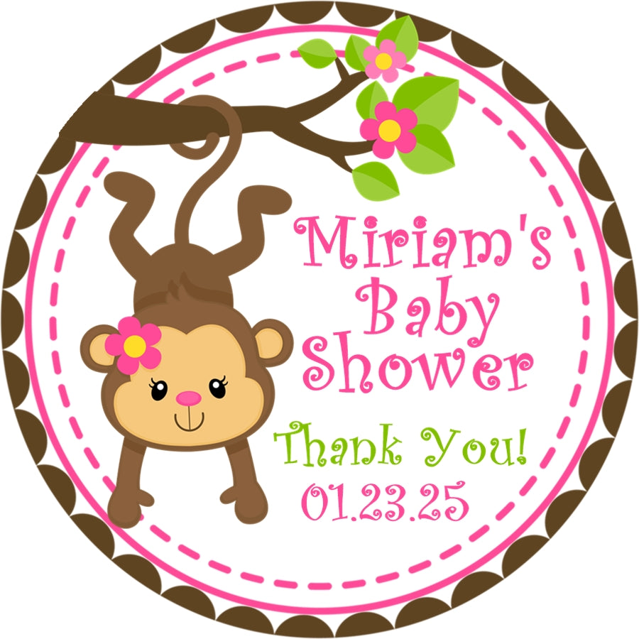 Jungle monkey baby shower sticker with pink flowers and girl theme