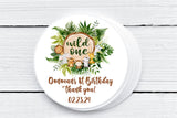 Jungle theme wild one birthday favor label with safari animals