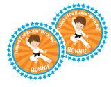 Karate birthday party label with orange burst and blue stars