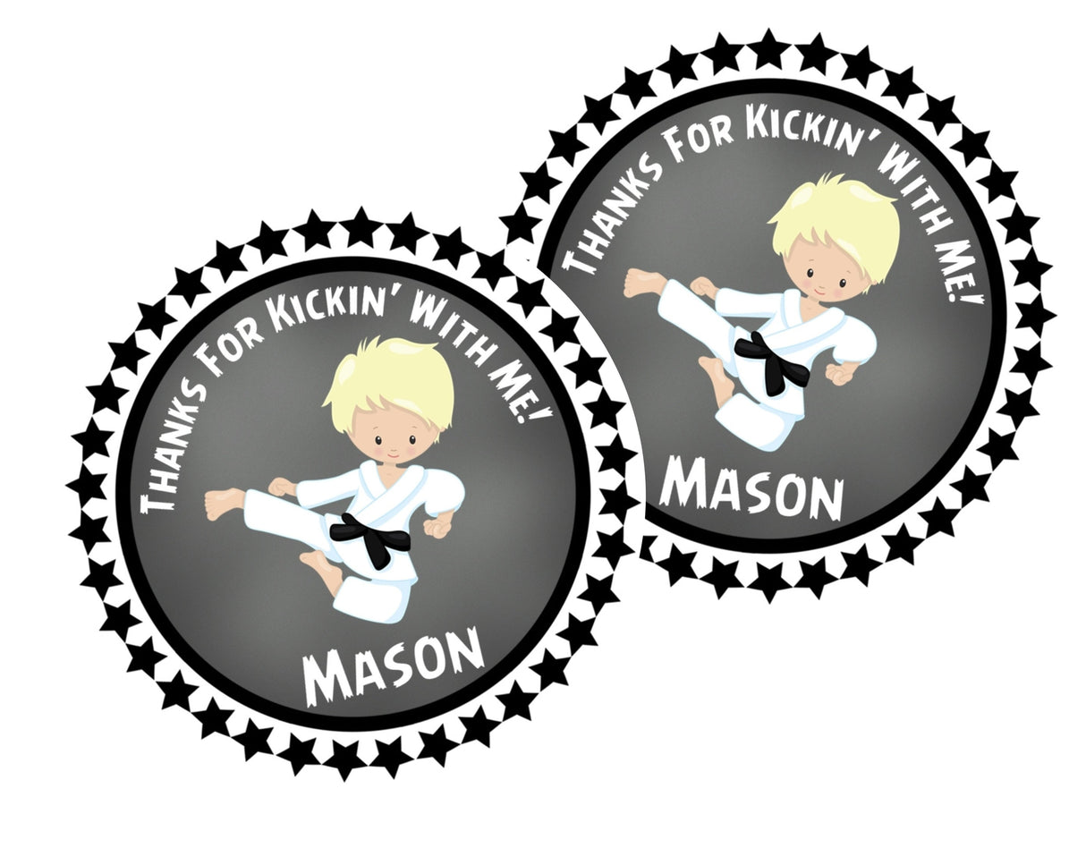 Karate party favor label with grey background and star border