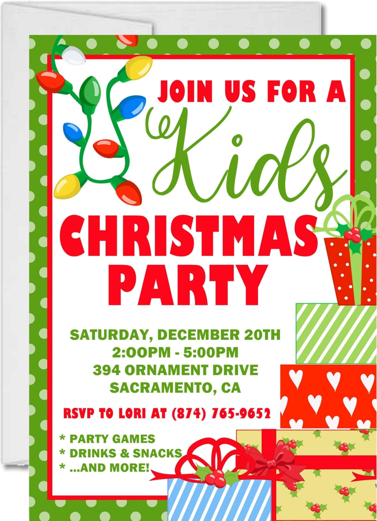 Christmas party invitation with festive holiday decorations and personalized party details