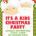 Kids Christmas party invitation featuring Santa Claus and festive holiday decorations