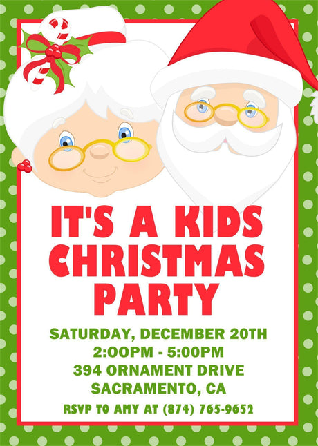 Kids Christmas party invitation featuring Santa Claus and festive holiday decorations