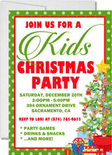 Kids Christmas party invitation featuring a decorated Christmas tree and colorful presents