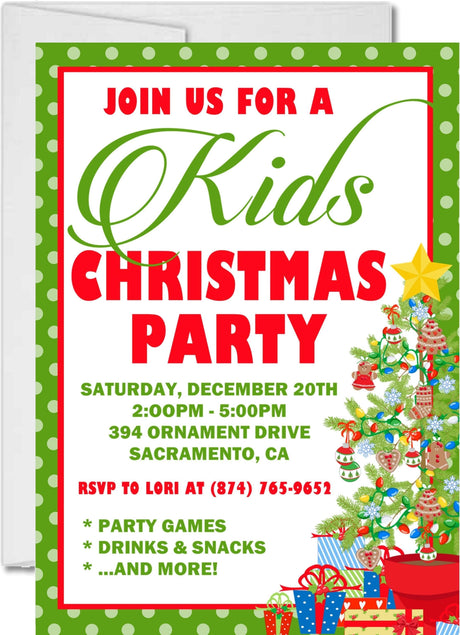 Kids Christmas party invitation featuring a decorated Christmas tree and colorful presents