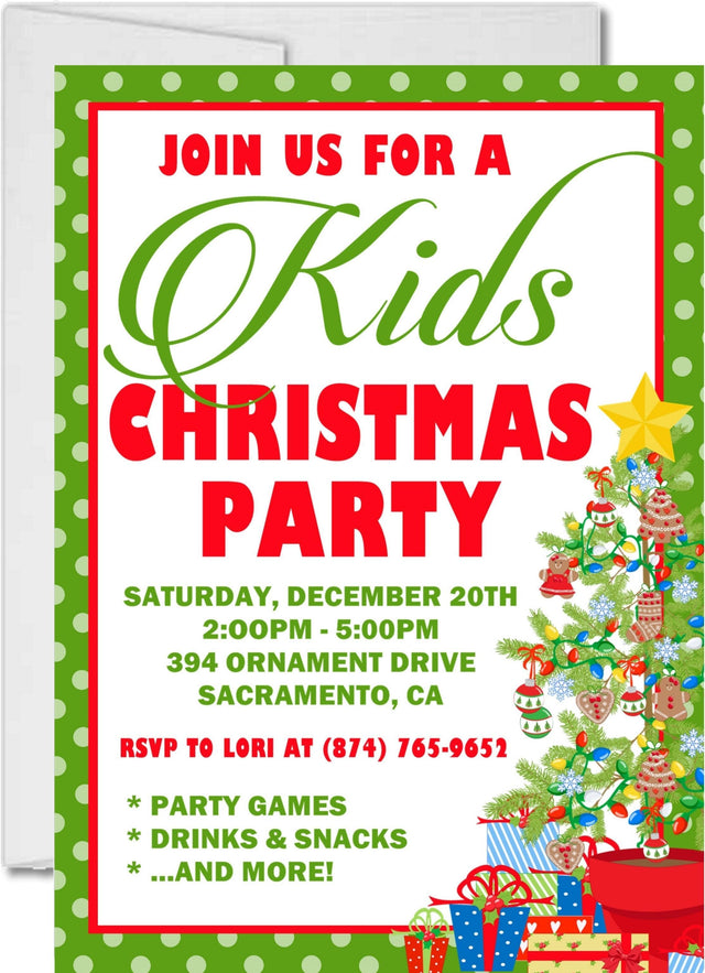 Kids Christmas party invitation featuring a decorated Christmas tree and colorful presents