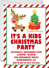 Kids Christmas party invitation featuring a festive reindeer pulling a Christmas sleigh