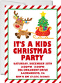 Kids Christmas party invitation featuring a festive reindeer pulling a Christmas sleigh