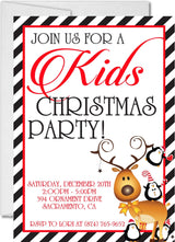 Kids Christmas party invitation featuring festive ornaments and holiday decorations