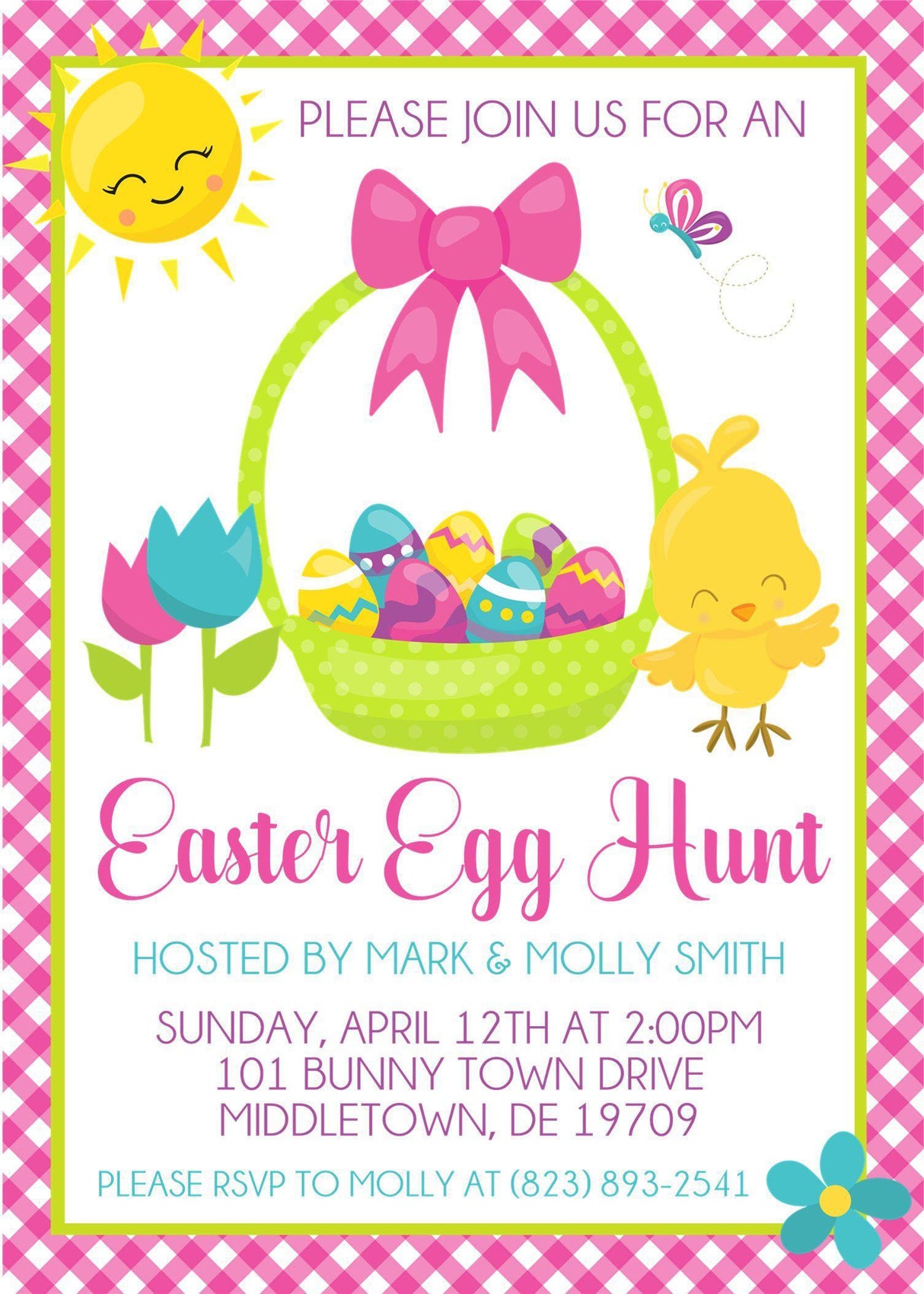 Kids Easter party invitation with pastel eggs and spring flowers