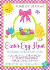 Kids Easter party invitation with pastel eggs and spring flowers