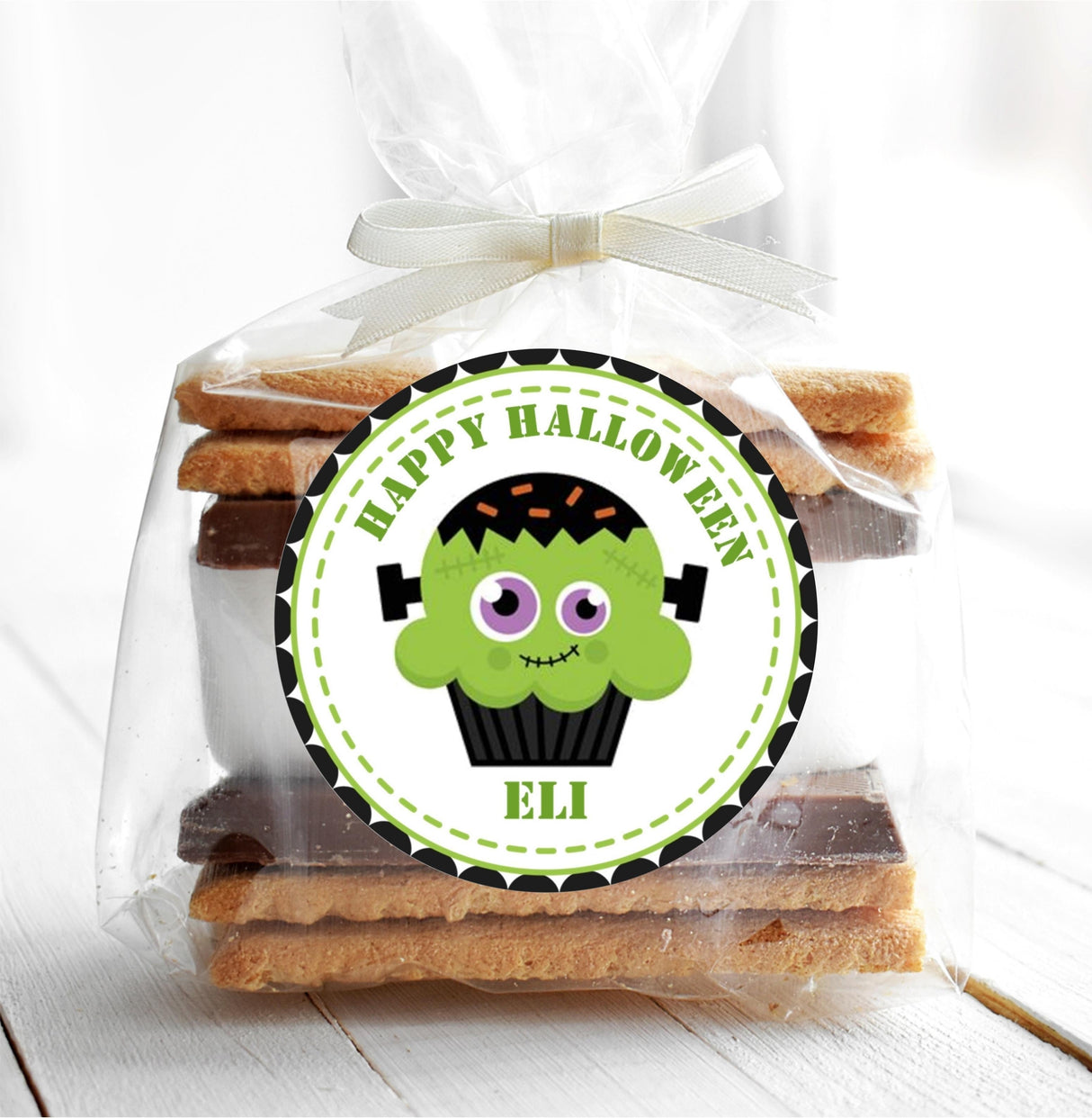 Kids Halloween Frankenstein cupcake sticker with cute monster illustration